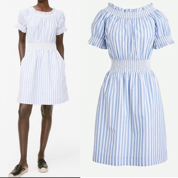J. Crew Dresses & Skirts - J. Crew Smocked Puff Sleeve Cotton Poplin Dress: Blue White Stripe Nautical